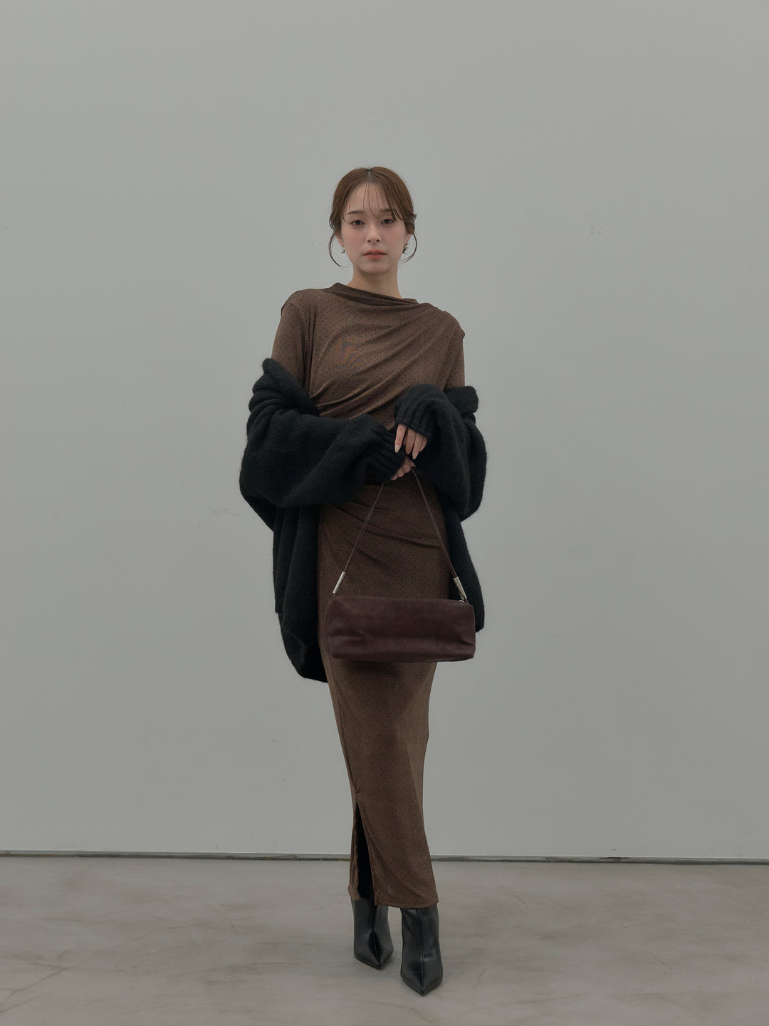 【SET】グリッターストーンドレープデザインロングドレス+モヘアライクオーバーニットカーディガン(2set)