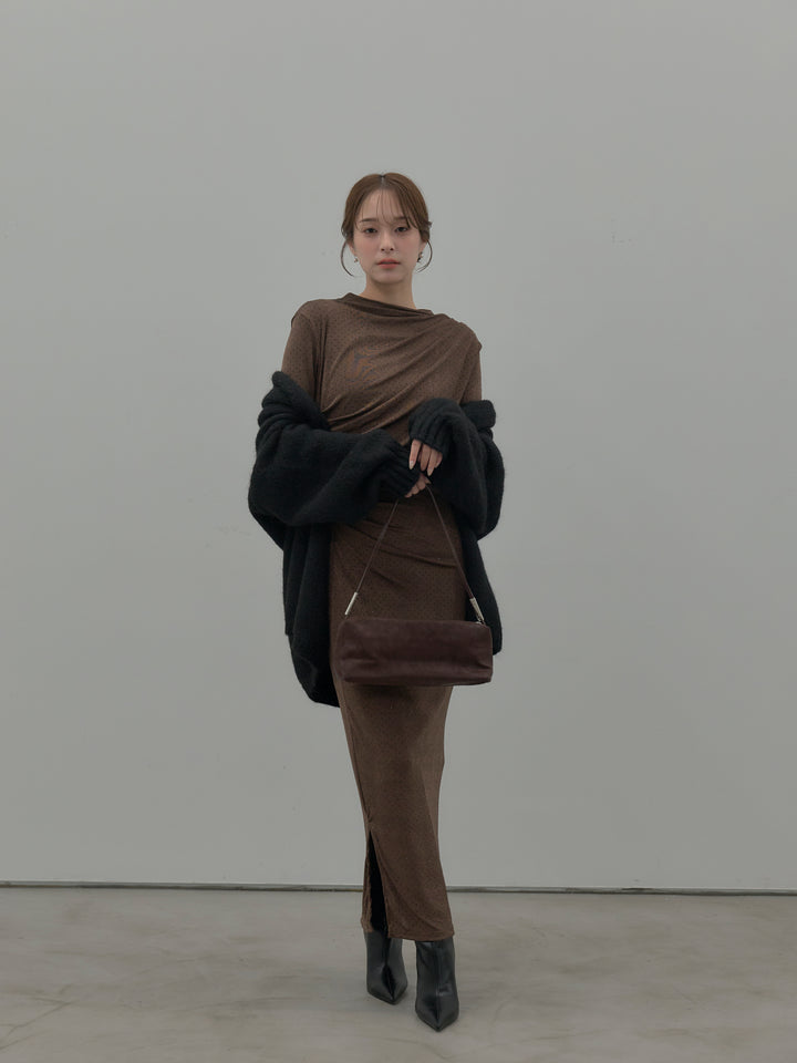 【SET】グリッターストーンドレープデザインロングドレス+モヘアライクオーバーニットカーディガン(2set)