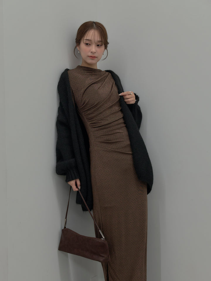 【SET】グリッターストーンドレープデザインロングドレス+モヘアライクオーバーニットカーディガン(2set)