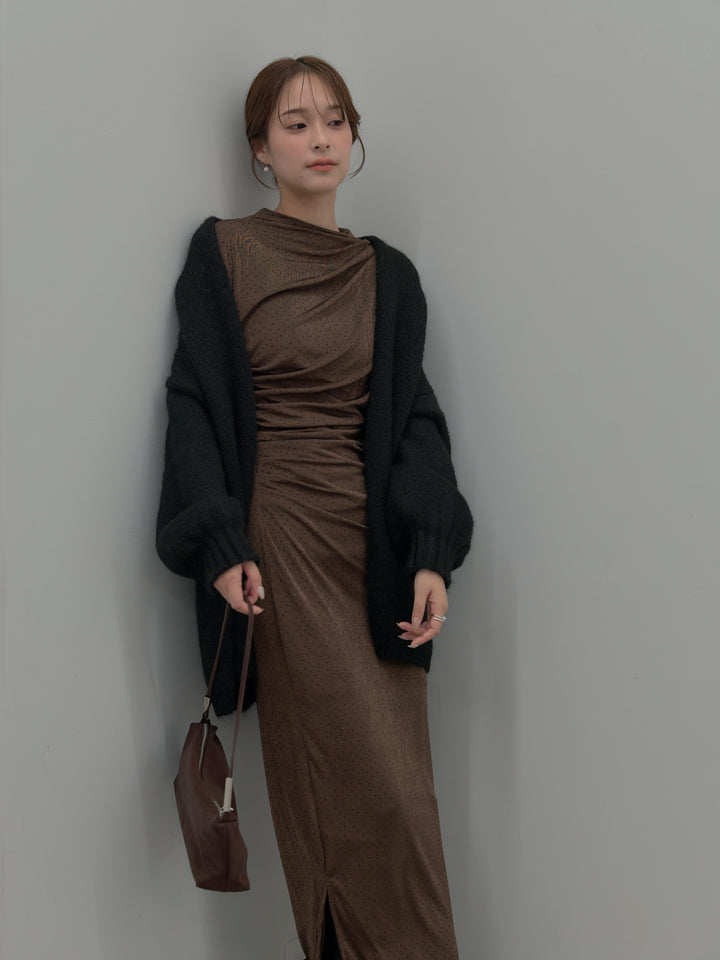 【SET】グリッターストーンドレープデザインロングドレス+モヘアライクオーバーニットカーディガン(2set)