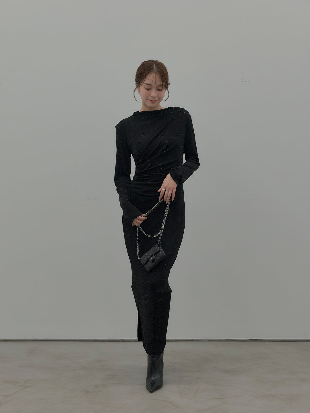 グリッターストーンドレープデザインロングドレス