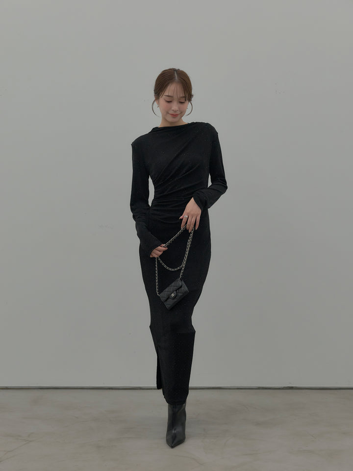 【SET】グリッターストーンドレープデザインロングドレス+モヘアライクオーバーニットカーディガン(2set)