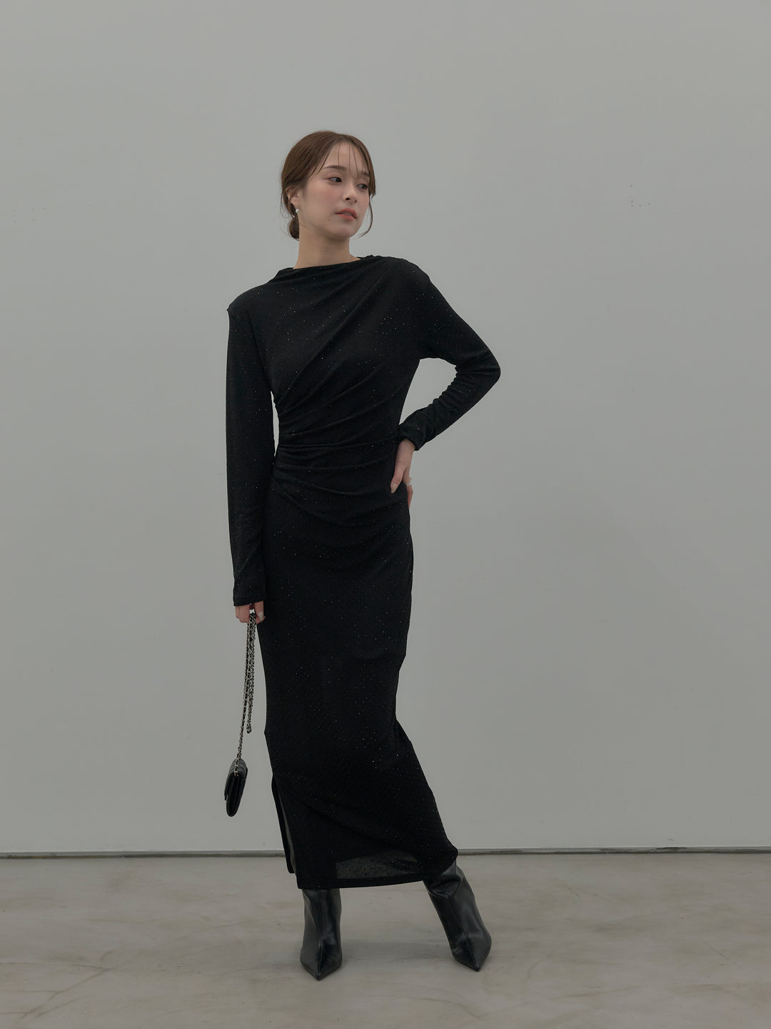 グリッターストーンドレープデザインロングドレス