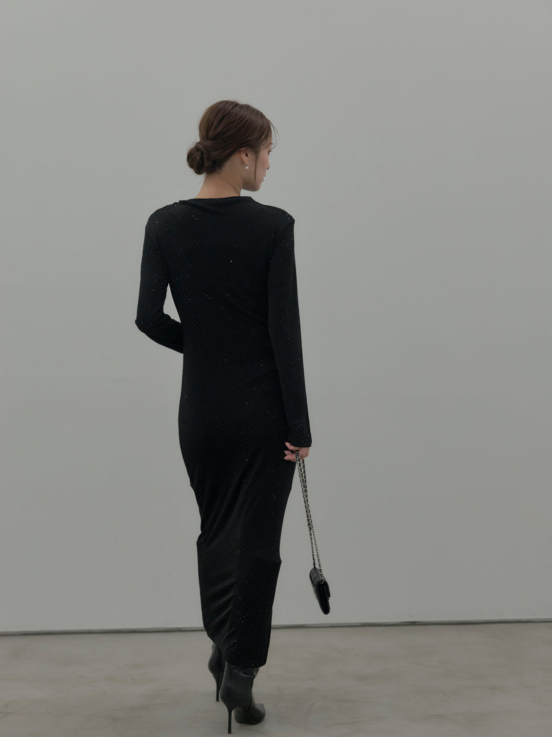 【SET】グリッターストーンドレープデザインロングドレス+モヘアライクオーバーニットカーディガン(2set)