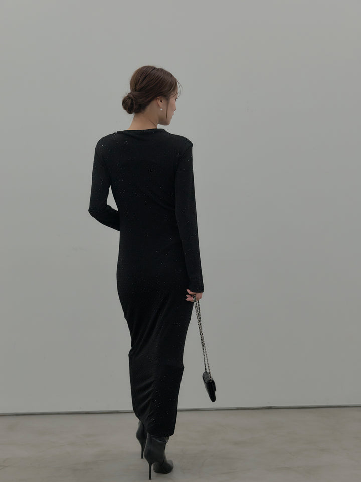 【SET】グリッターストーンドレープデザインロングドレス+モヘアライクオーバーニットカーディガン(2set)