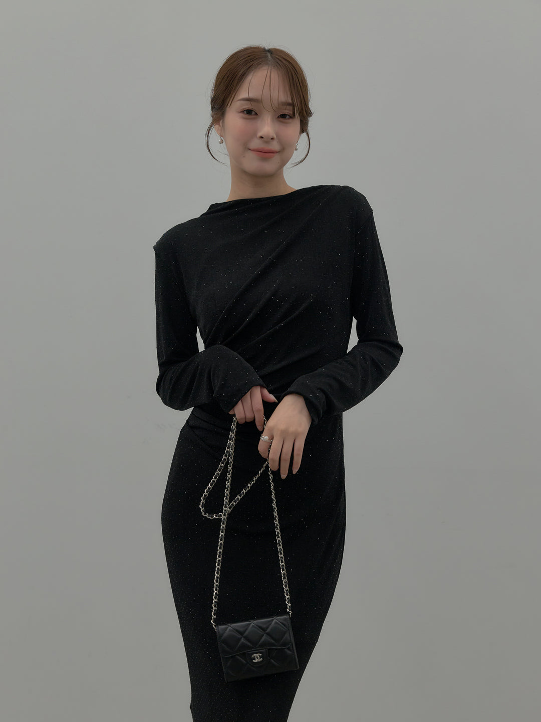 【SET】グリッターストーンドレープデザインロングドレス+モヘアライクオーバーニットカーディガン(2set)