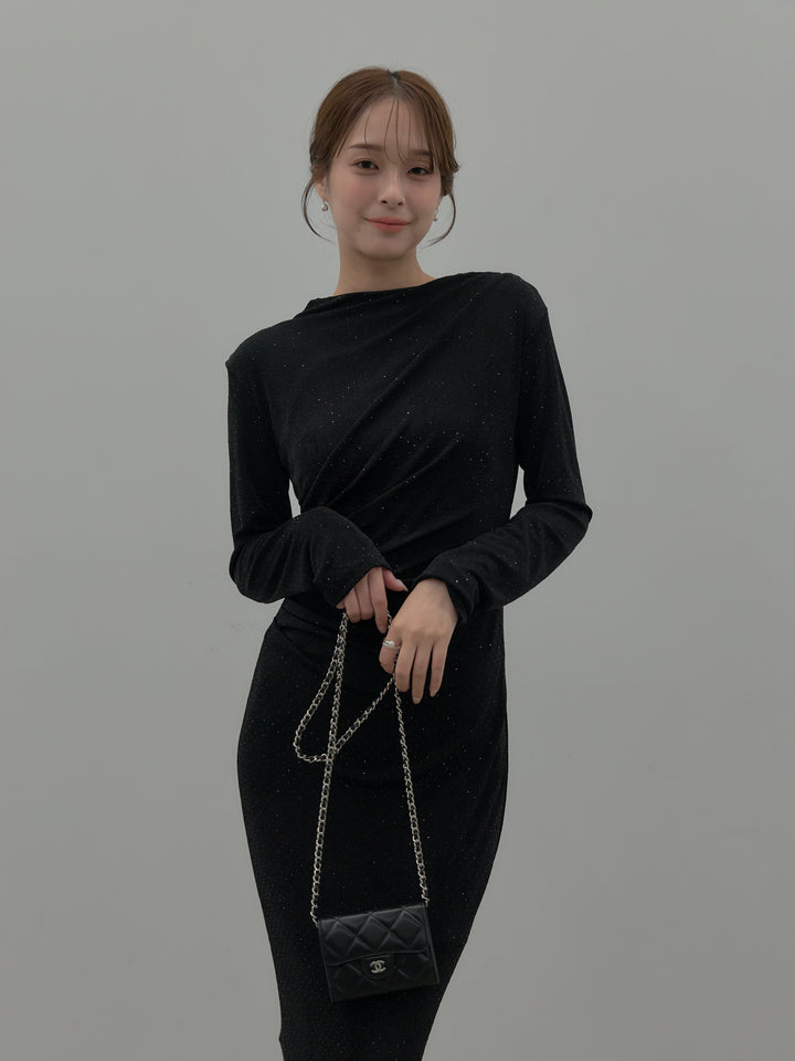 【SET】グリッターストーンドレープデザインロングドレス+モヘアライクオーバーニットカーディガン(2set)