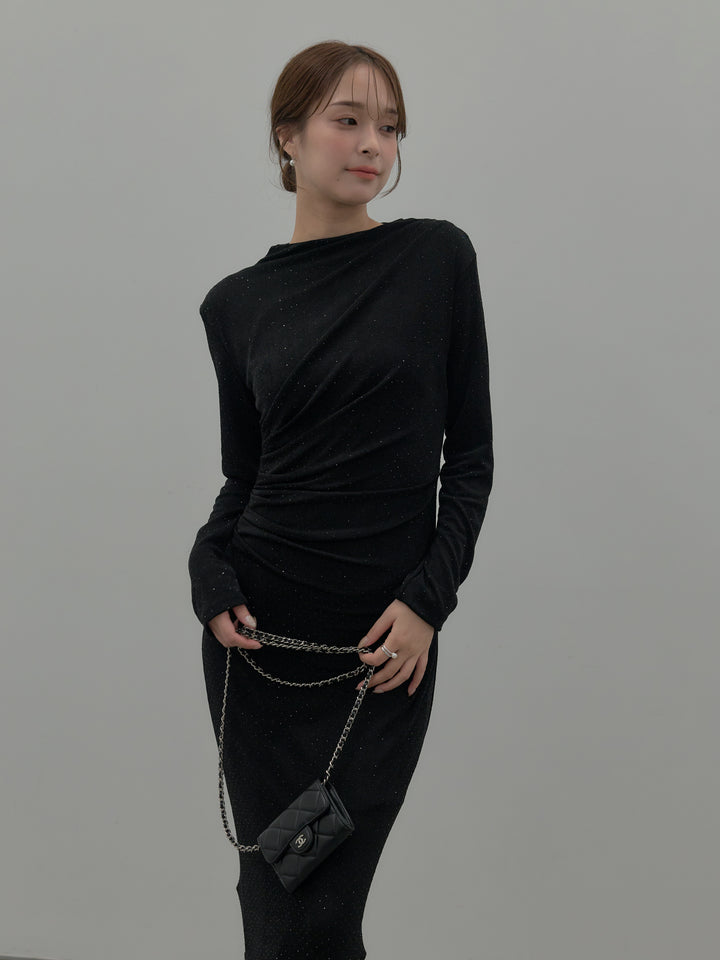 【SET】グリッターストーンドレープデザインロングドレス+モヘアライクオーバーニットカーディガン(2set)