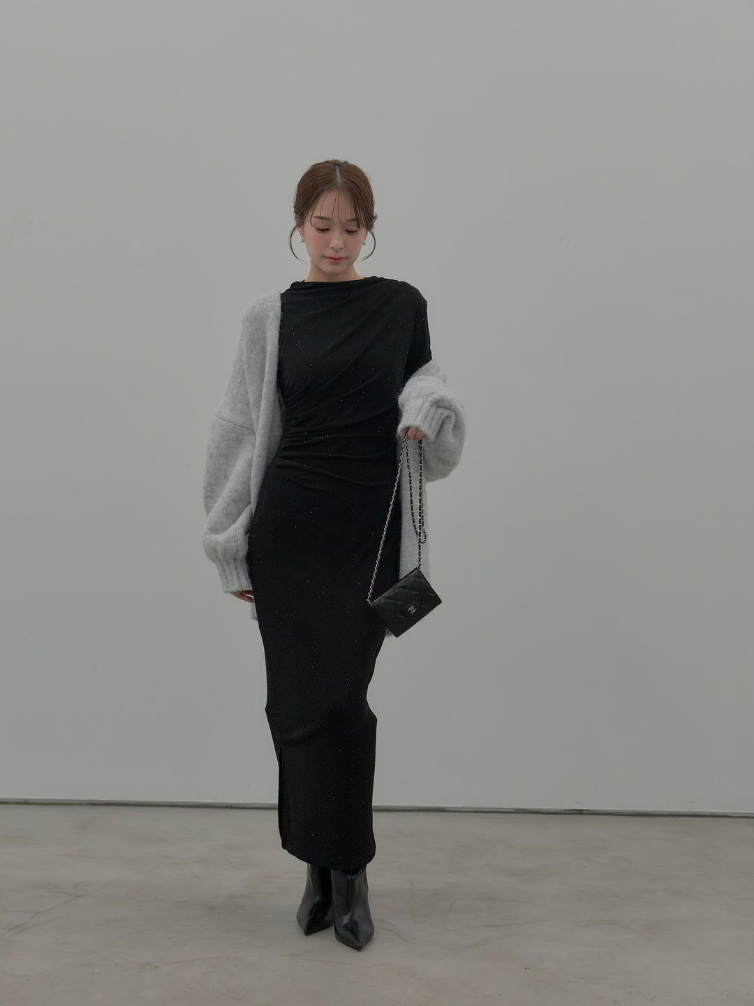 【SET】グリッターストーンドレープデザインロングドレス+モヘアライクオーバーニットカーディガン(2set)