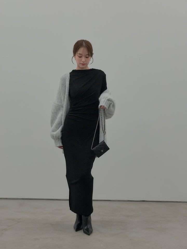 【SET】グリッターストーンドレープデザインロングドレス+モヘアライクオーバーニットカーディガン(2set)