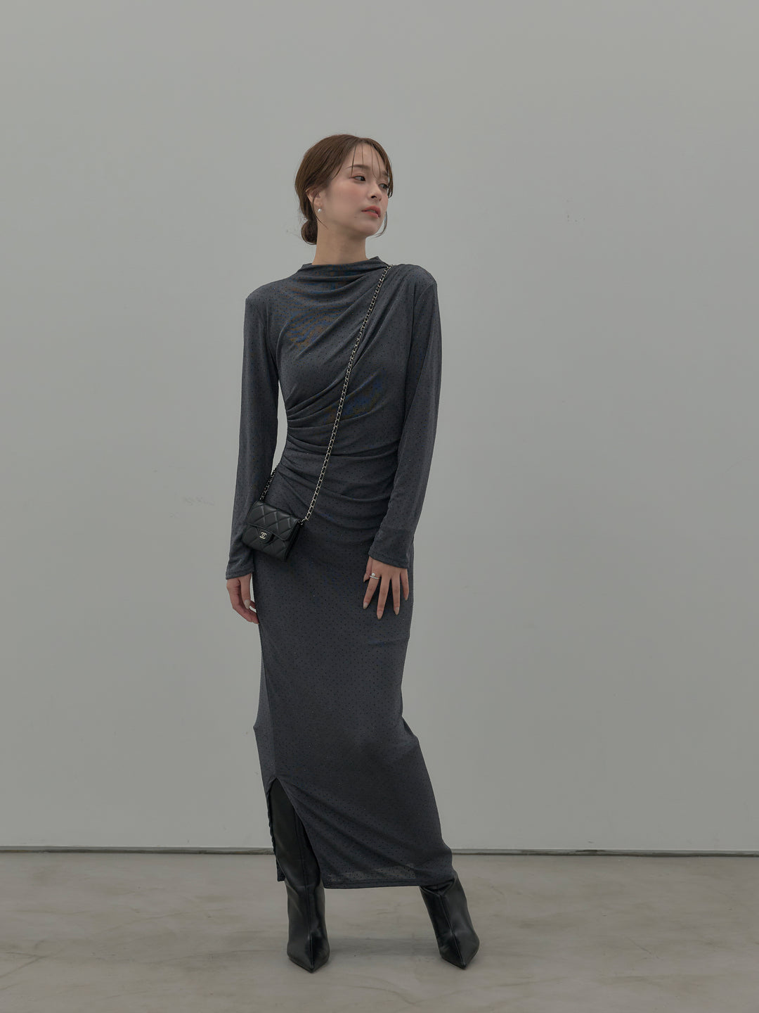 【SET】グリッターストーンドレープデザインロングドレス+モヘアライクオーバーニットカーディガン(2set)