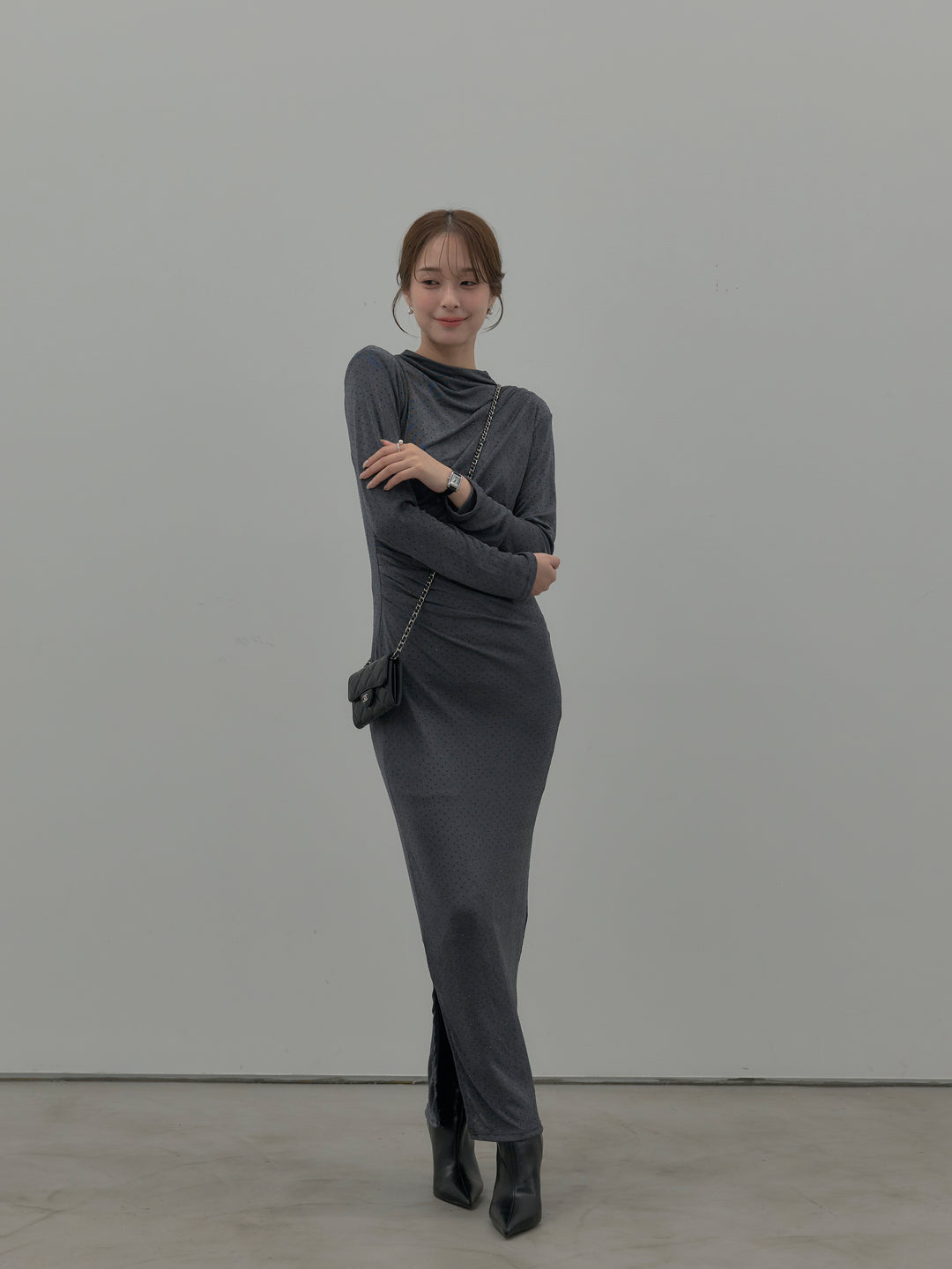 グリッターストーンドレープデザインロングドレス