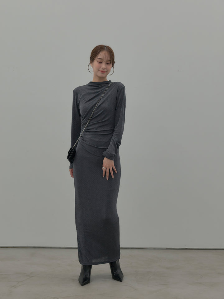 【SET】グリッターストーンドレープデザインロングドレス+モヘアライクオーバーニットカーディガン(2set)