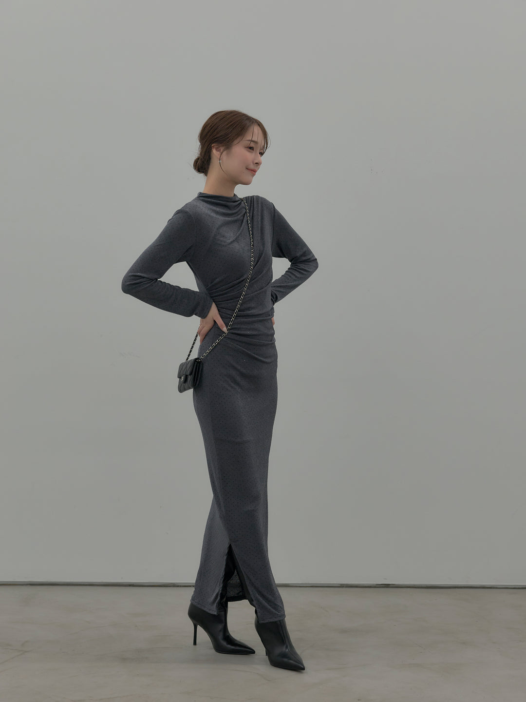 グリッターストーンドレープデザインロングドレス