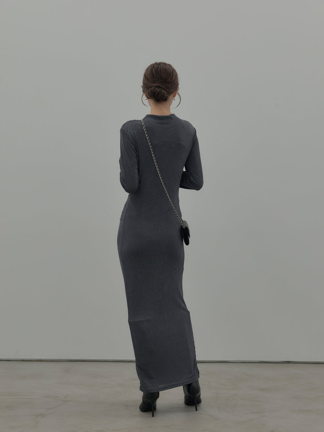 【SET】グリッターストーンドレープデザインロングドレス+モヘアライクオーバーニットカーディガン(2set)