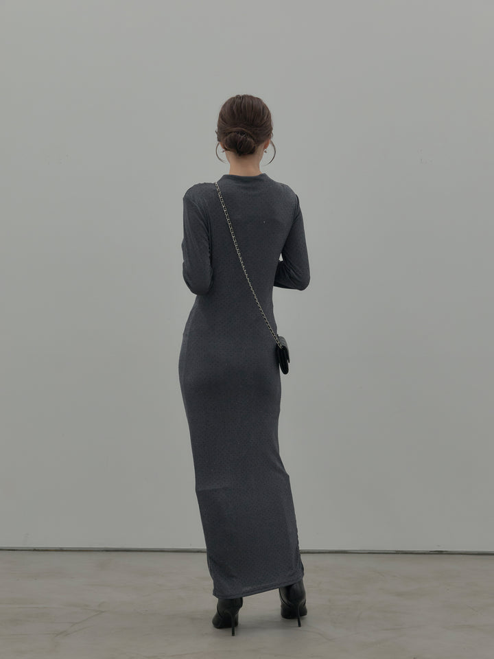 【SET】グリッターストーンドレープデザインロングドレス+モヘアライクオーバーニットカーディガン(2set)