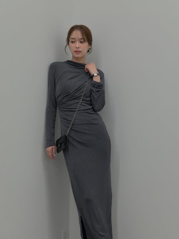 【SET】グリッターストーンドレープデザインロングドレス+モヘアライクオーバーニットカーディガン(2set)