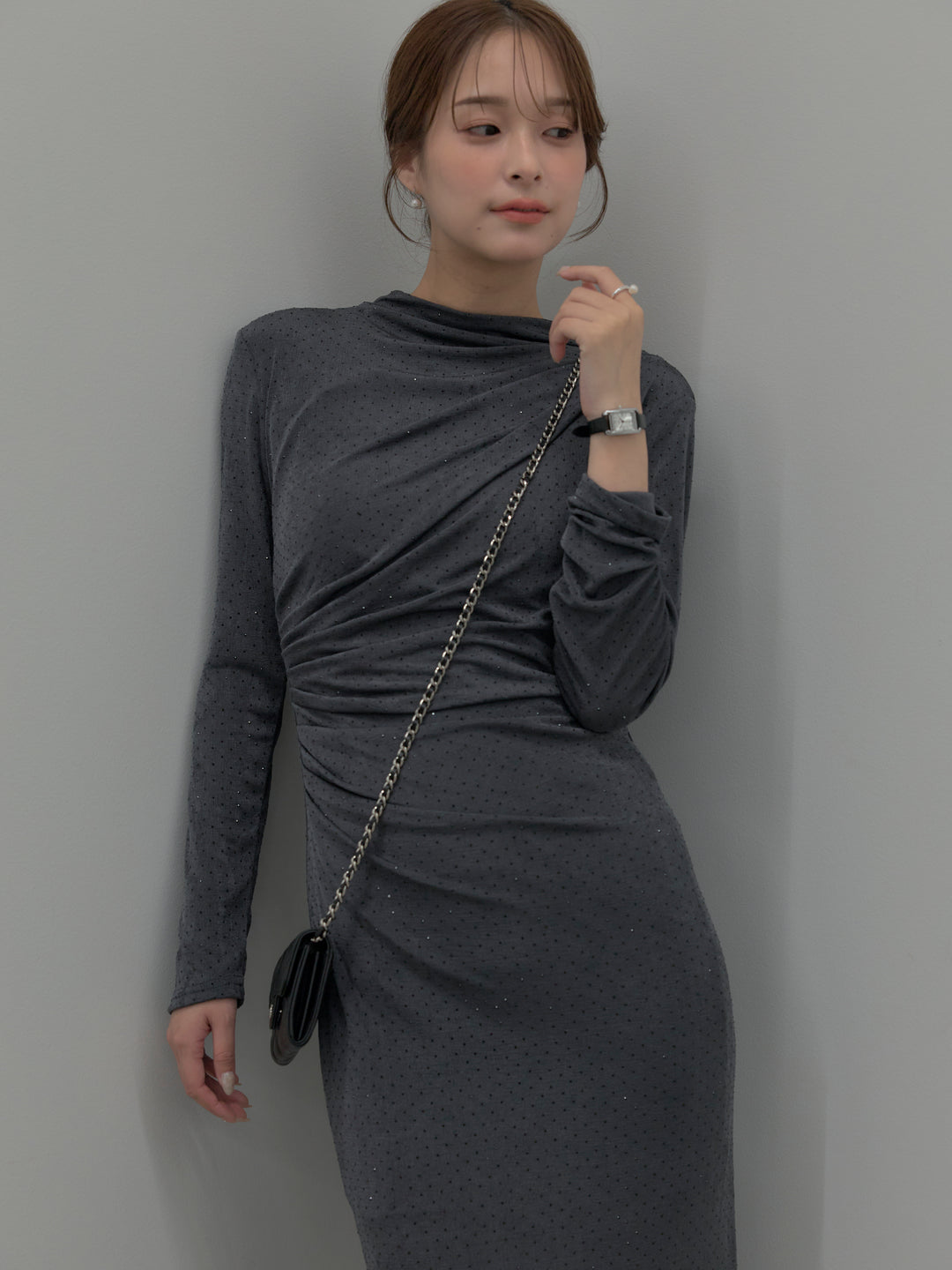 グリッターストーンドレープデザインロングドレス