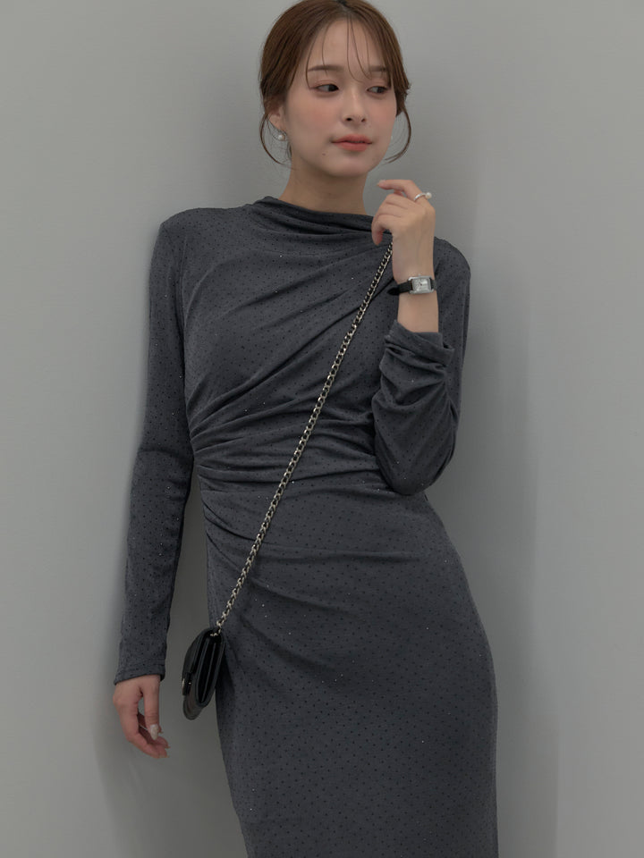 【SET】グリッターストーンドレープデザインロングドレス+モヘアライクオーバーニットカーディガン(2set)