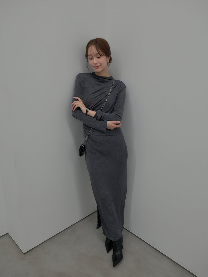 【SET】グリッターストーンドレープデザインロングドレス+モヘアライクオーバーニットカーディガン(2set)