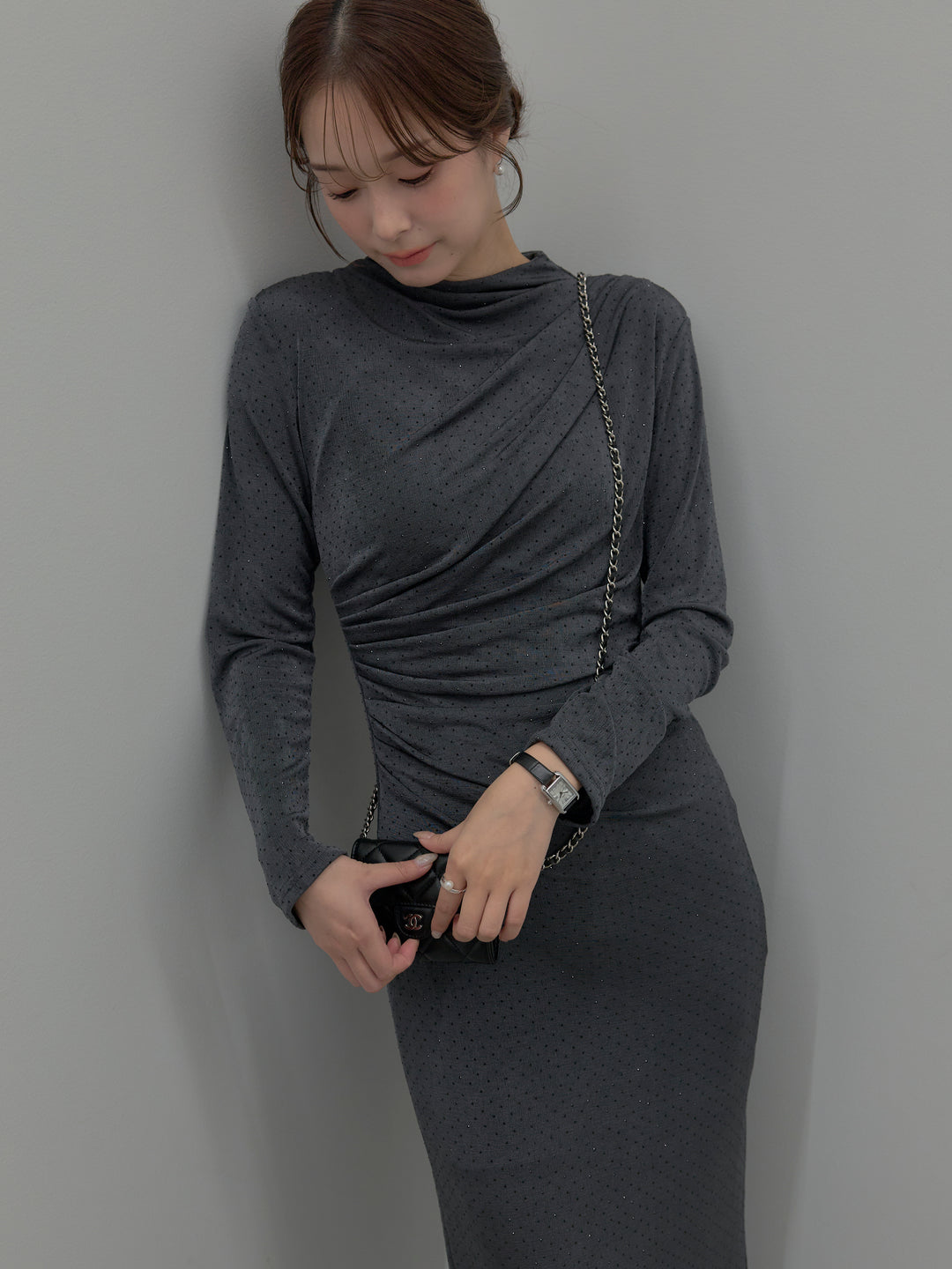 【SET】グリッターストーンドレープデザインロングドレス+モヘアライクオーバーニットカーディガン(2set)