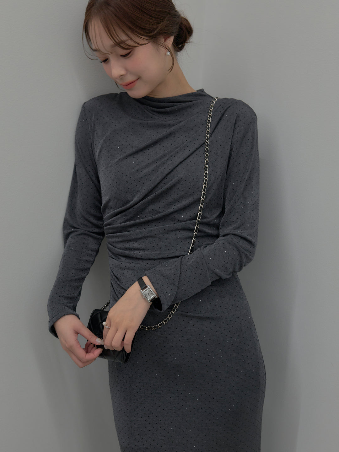 【SET】グリッターストーンドレープデザインロングドレス+モヘアライクオーバーニットカーディガン(2set)