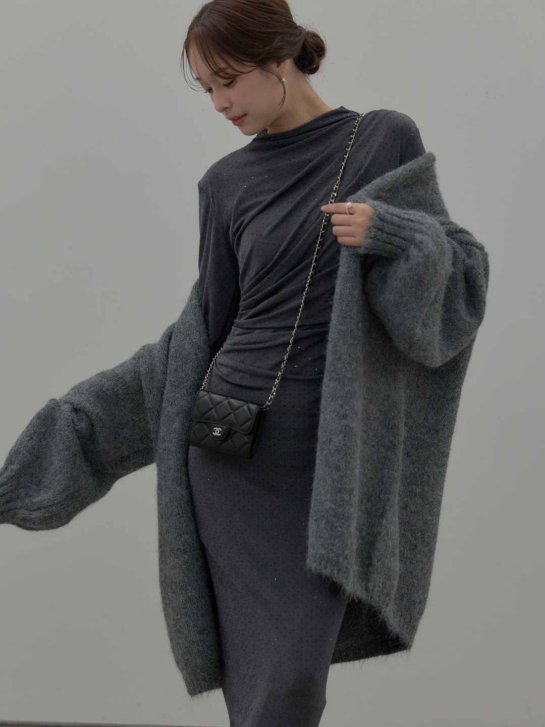 グリッターストーンドレープデザインロングドレス