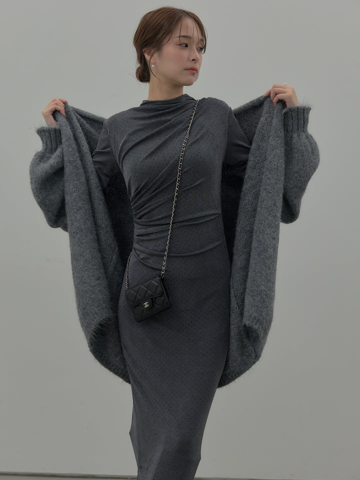 【SET】グリッターストーンドレープデザインロングドレス+モヘアライクオーバーニットカーディガン(2set)