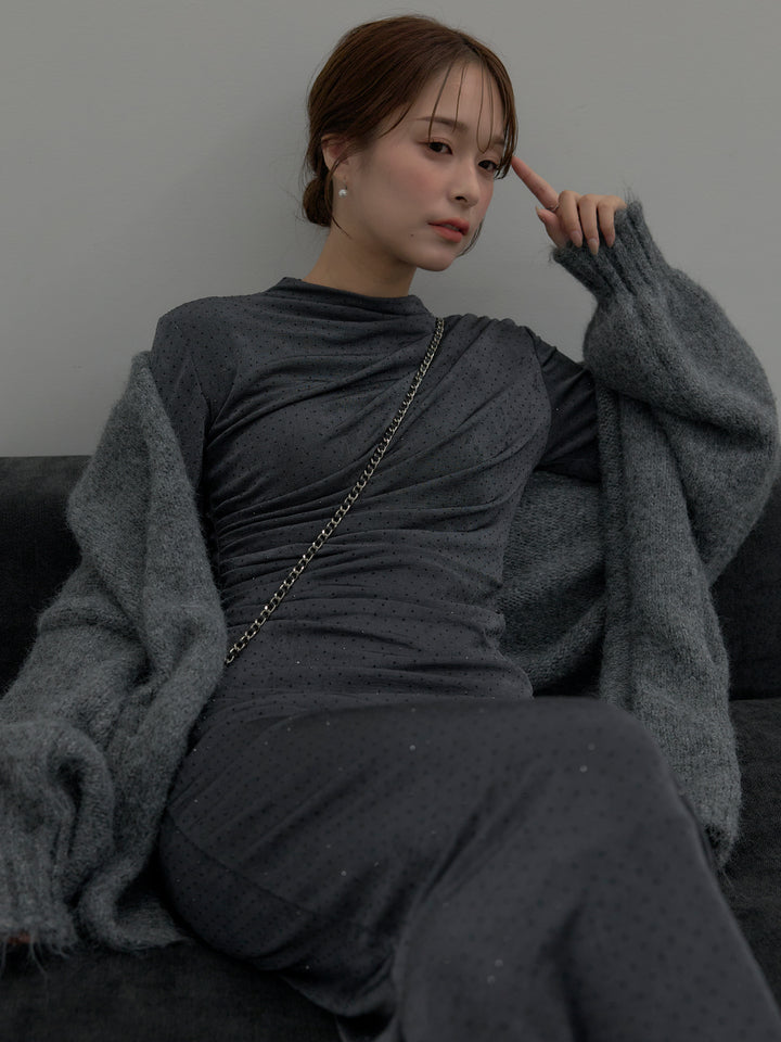 グリッターストーンドレープデザインロングドレス