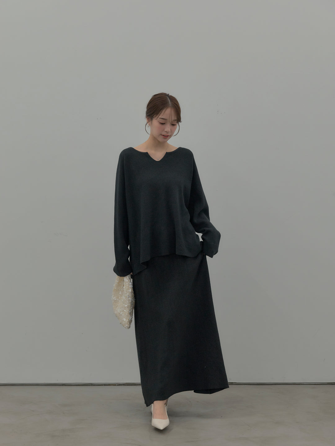 ミルキータッチキーネックニットSET UP(ストール付き)