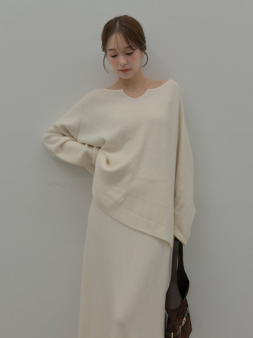 ミルキータッチキーネックニットSET UP(ストール付き)