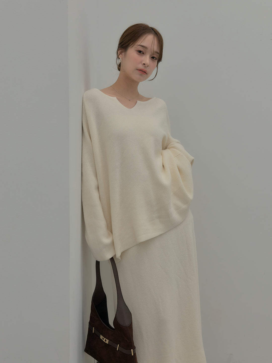 ミルキータッチキーネックニットSET UP(ストール付き)