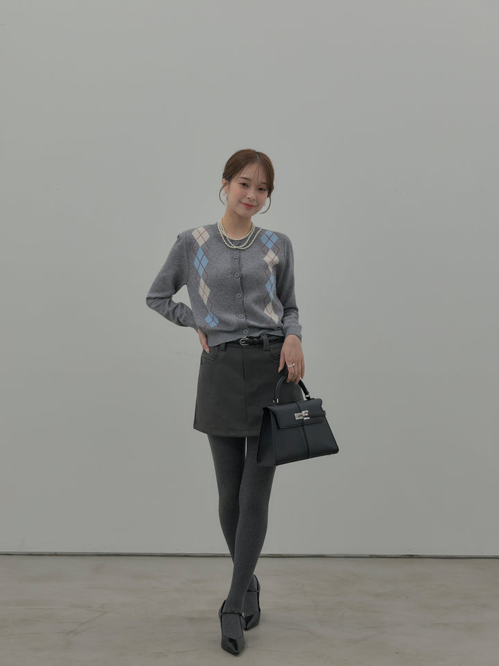 【SET】アーガイル柄ニットカーディガン+スムースタッチデザインポケットミニスカート(インパン付き)(2set)