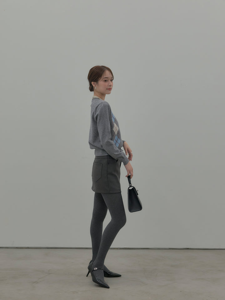 【SET】アーガイル柄ニットカーディガン+スムースタッチデザインポケットミニスカート(インパン付き)(2set)