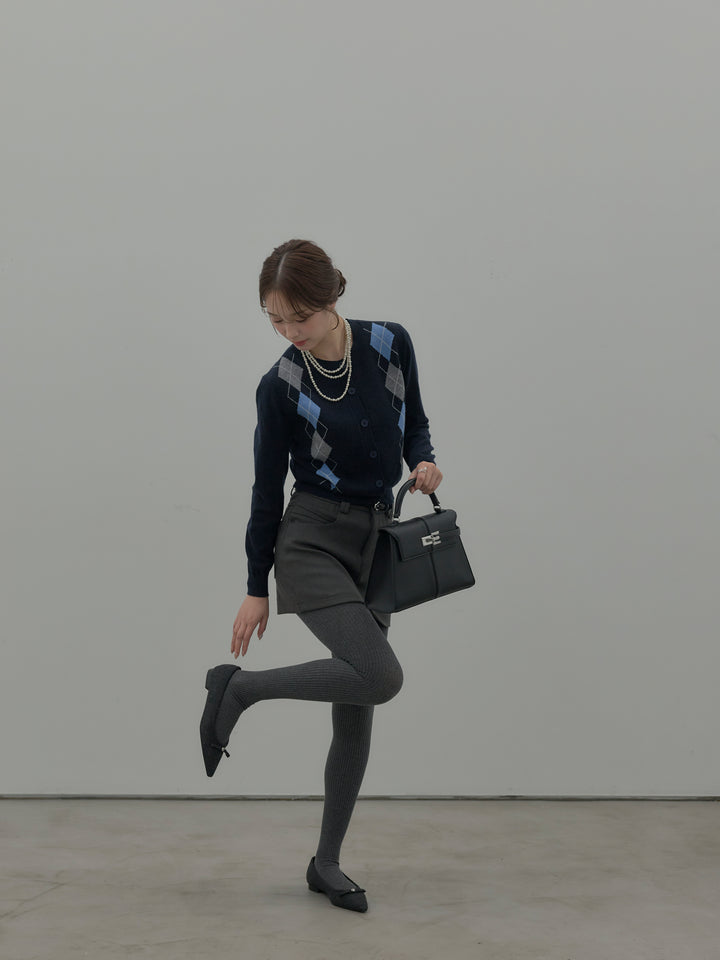 【SET】アーガイル柄ニットカーディガン+スムースタッチデザインポケットミニスカート(インパン付き)(2set)