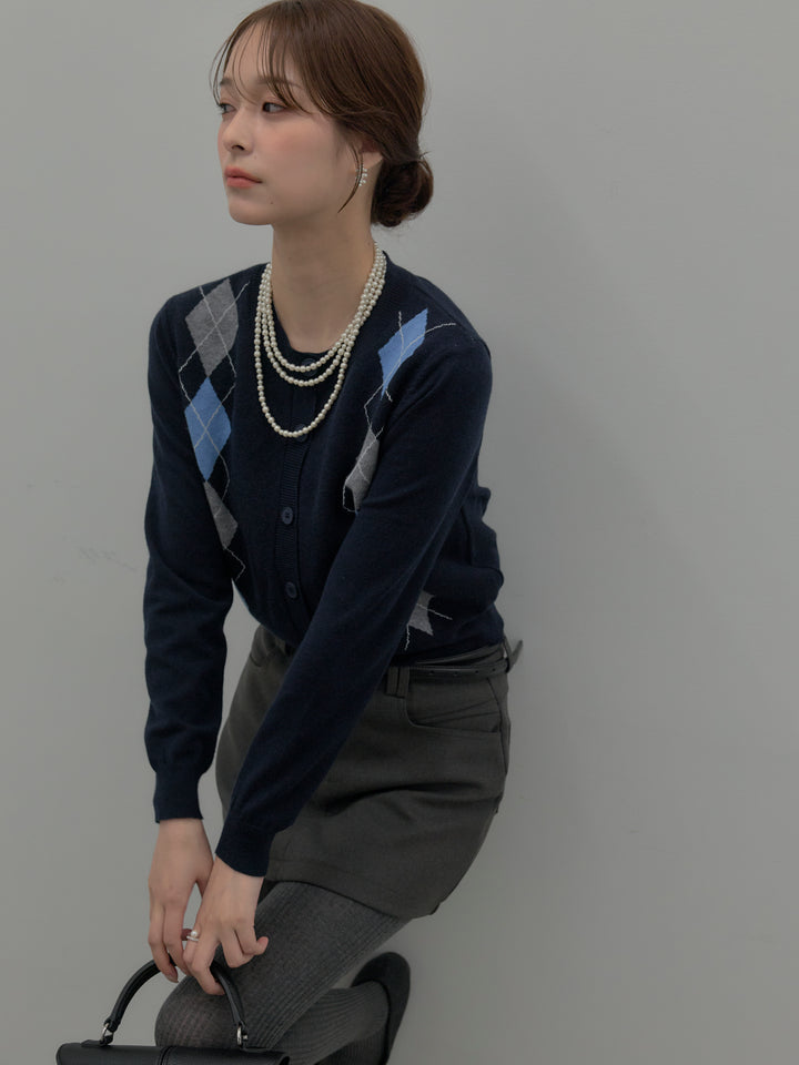 【SET】アーガイル柄ニットカーディガン+スムースタッチデザインポケットミニスカート(インパン付き)(2set)