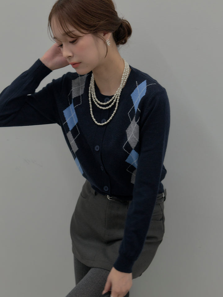 【SET】アーガイル柄ニットカーディガン+スムースタッチデザインポケットミニスカート(インパン付き)(2set)