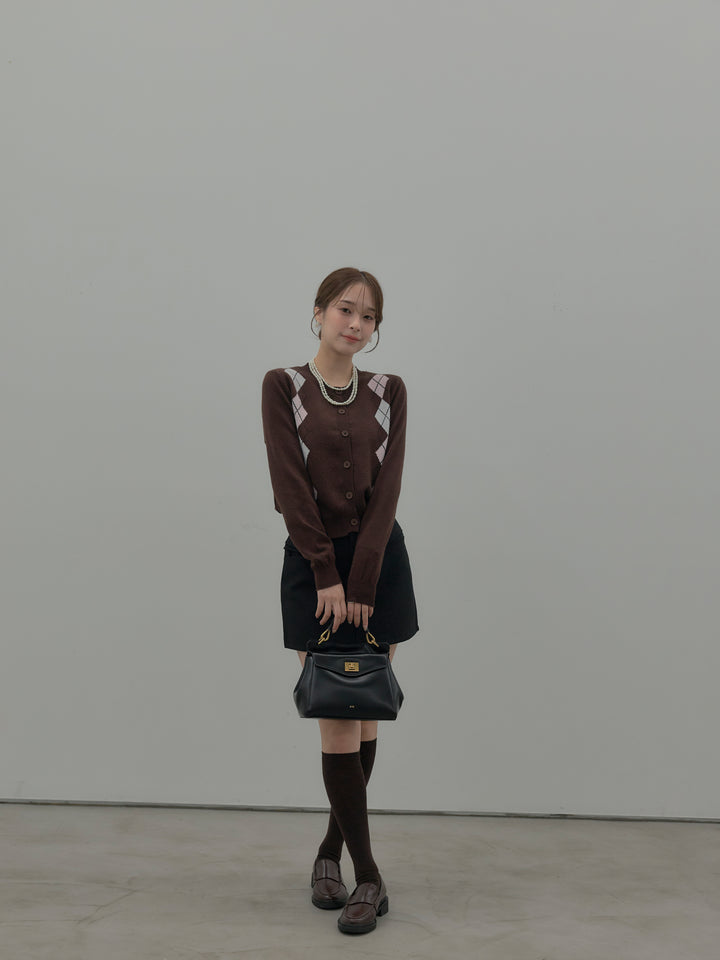 【SET】アーガイル柄ニットカーディガン+スムースタッチデザインポケットミニスカート(インパン付き)(2set)