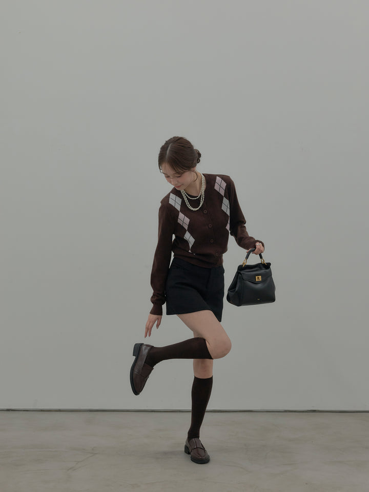 【SET】アーガイル柄ニットカーディガン+スムースタッチデザインポケットミニスカート(インパン付き)(2set)