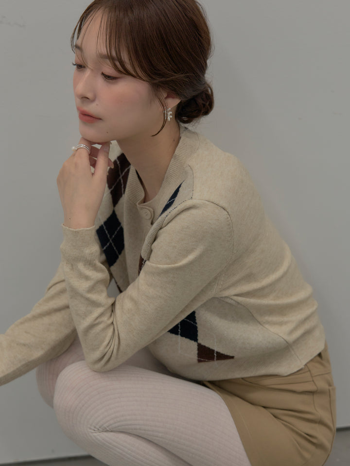 【SET】アーガイル柄ニットカーディガン+スムースタッチデザインポケットミニスカート(インパン付き)(2set)