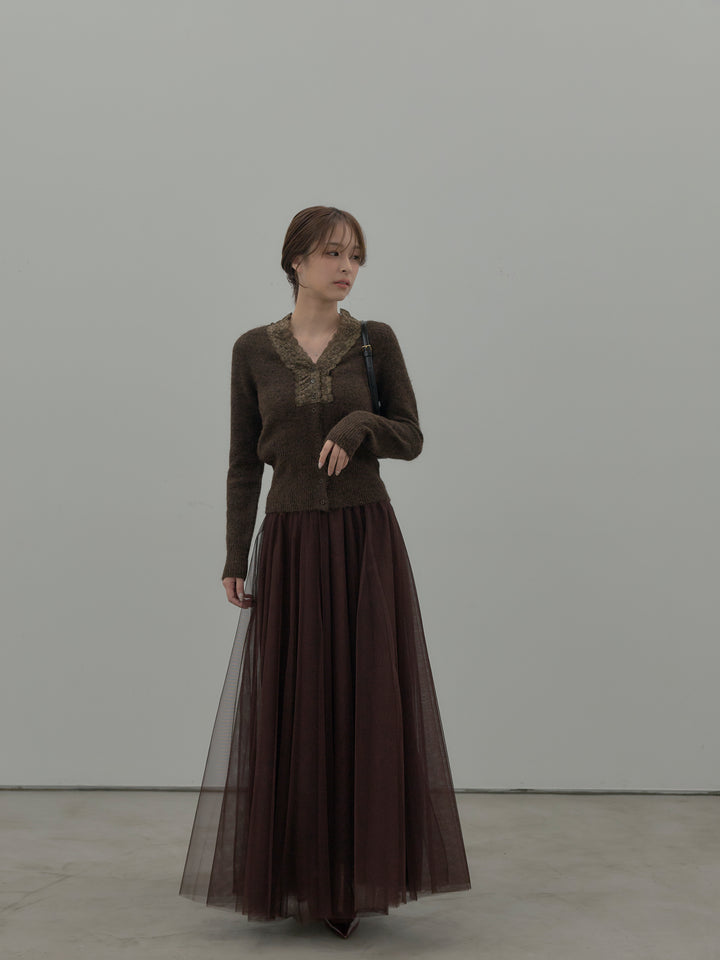 【SET】レース襟ニットトップス+ボリュームチュールスカート(2set)