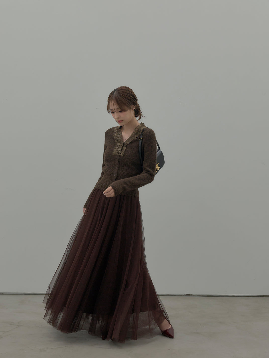 【SET】レース襟ニットトップス+ボリュームチュールスカート(2set)