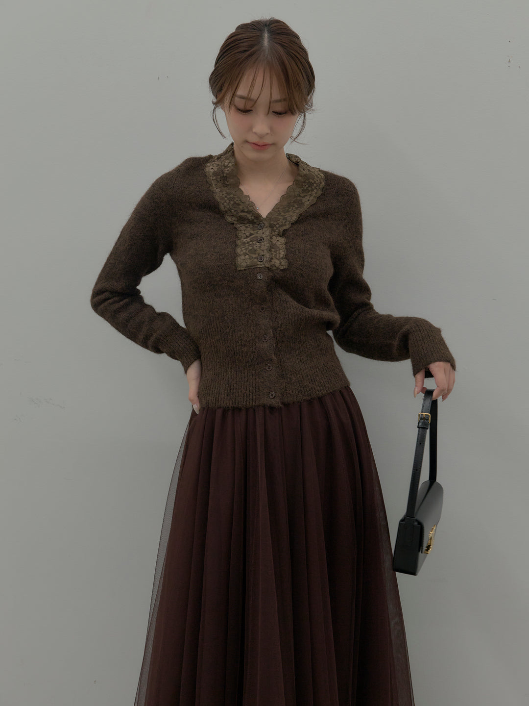 【SET】レース襟ニットトップス+ボリュームチュールスカート(2set)