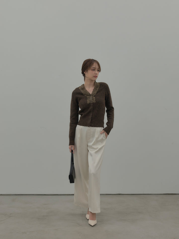 【SET】レース襟ニットトップス+【Essential】センタープレスサテンパンツ(2set)