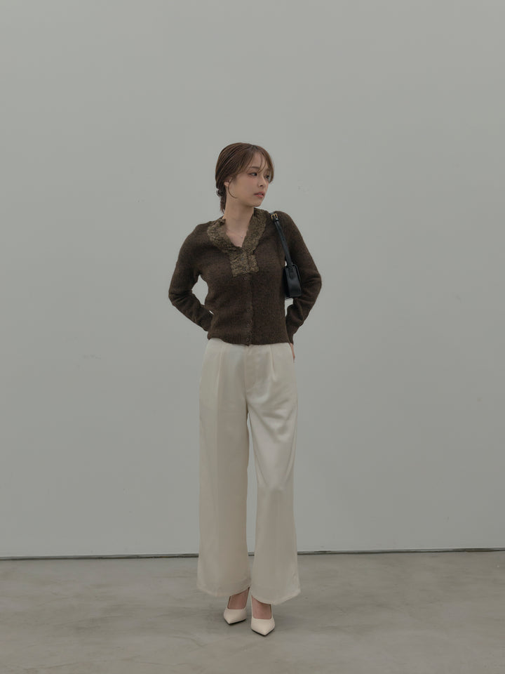 【SET】レース襟ニットトップス+【Essential】センタープレスサテンパンツ(2set)