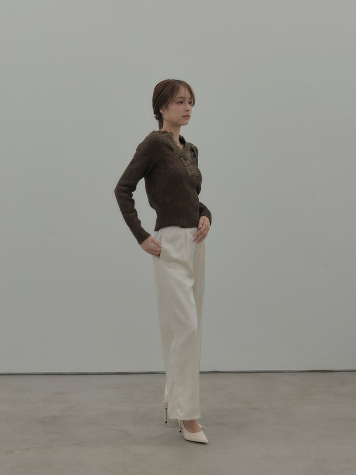【SET】レース襟ニットトップス+【Essential】センタープレスサテンパンツ(2set)