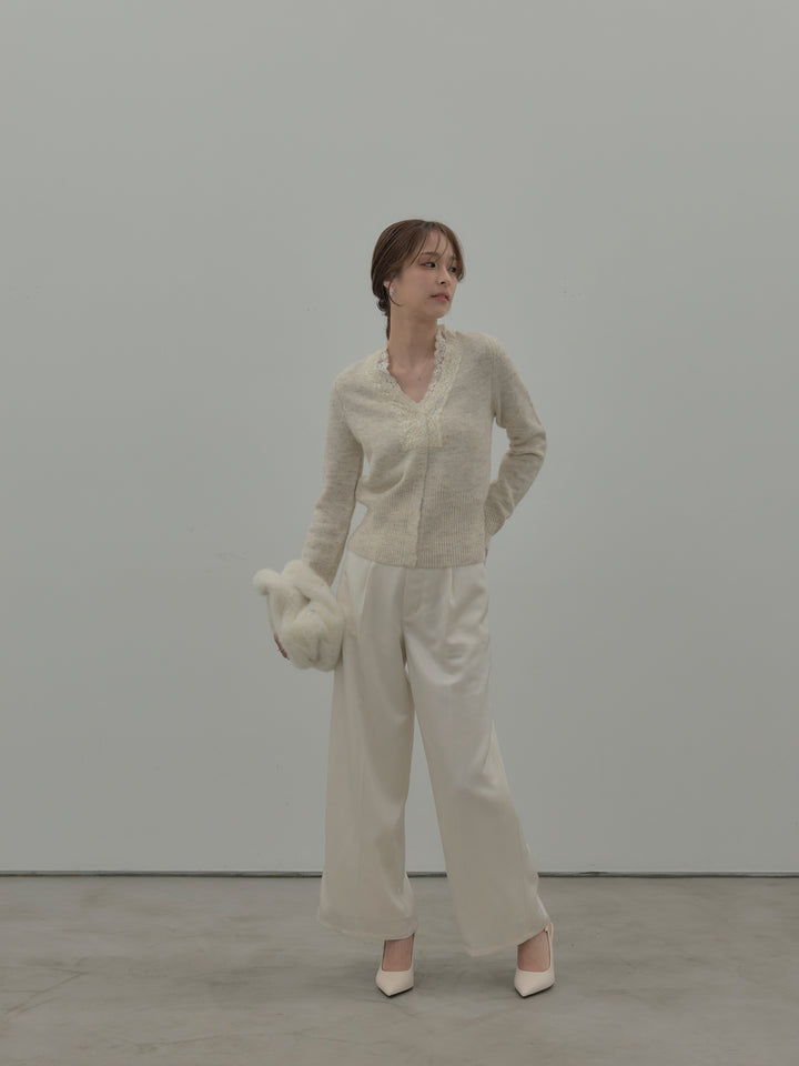 【SET】レース襟ニットトップス+【Essential】センタープレスサテンパンツ(2set)