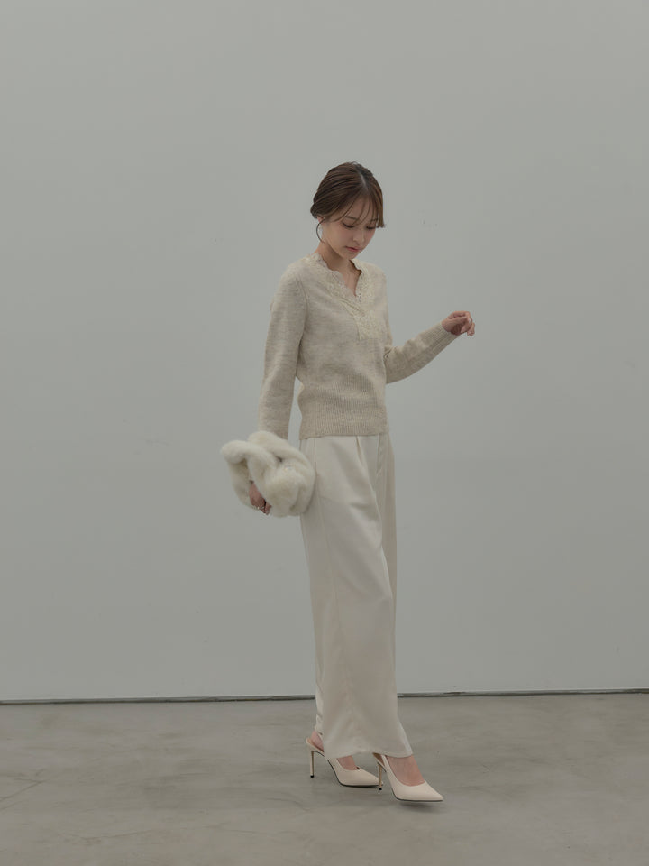 【SET】レース襟ニットトップス+【Essential】センタープレスサテンパンツ(2set)