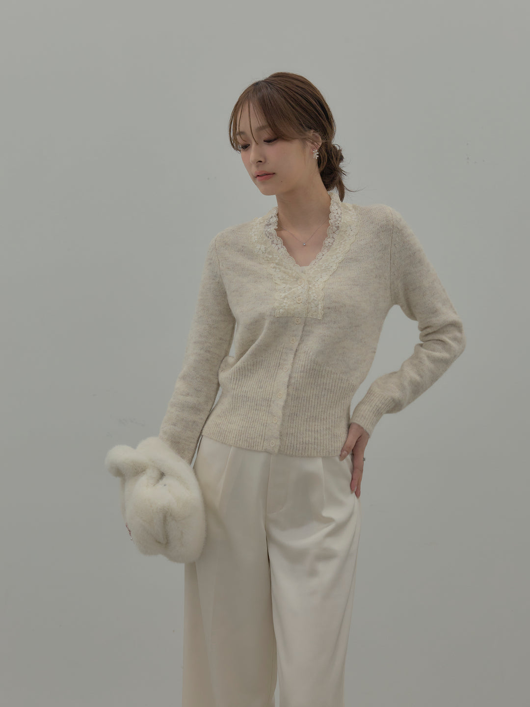 【SET】レース襟ニットトップス+【Essential】センタープレスサテンパンツ(2set)