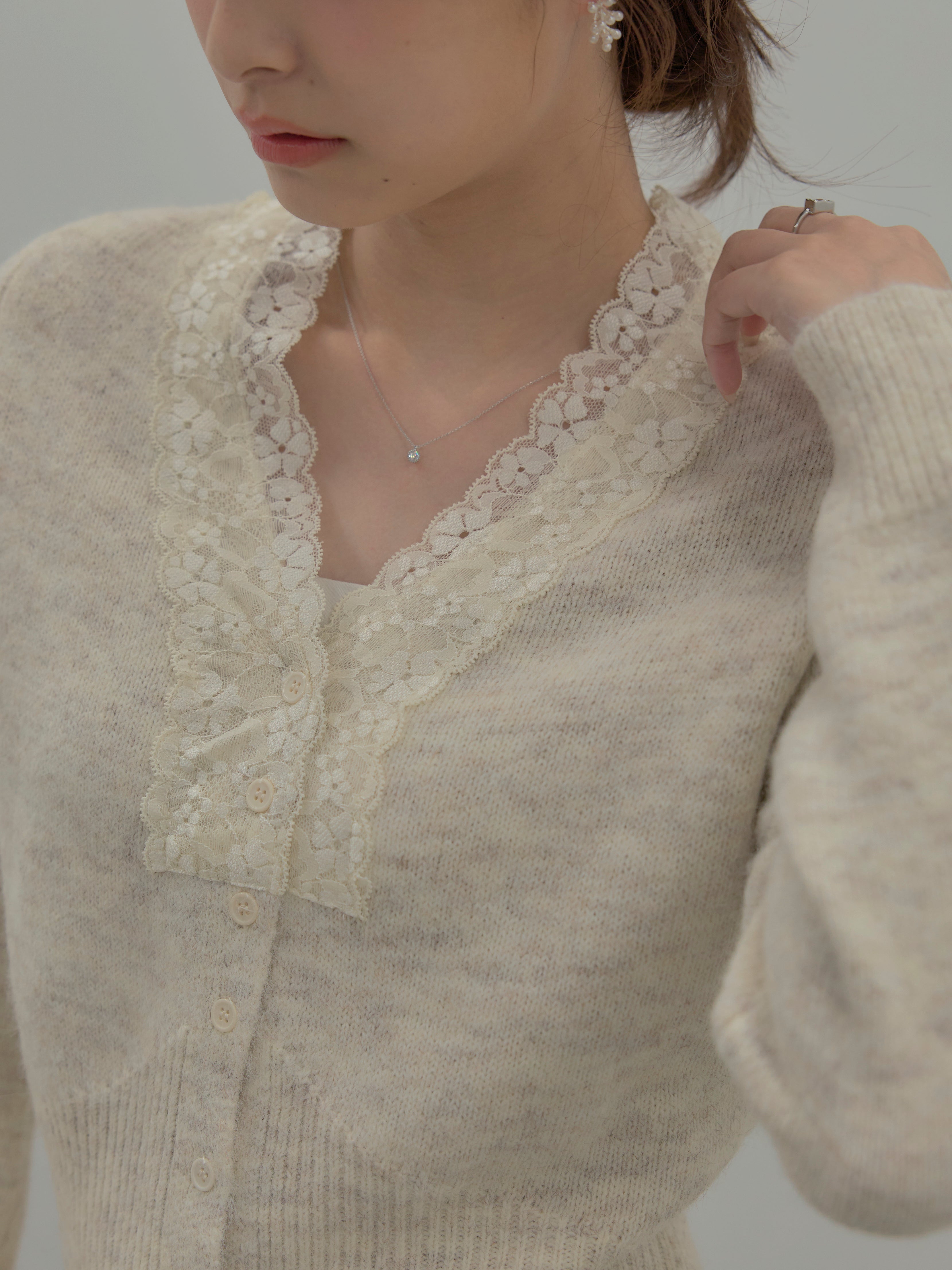 SET】レース襟ニットトップス+【Essential】センタープレスサテン